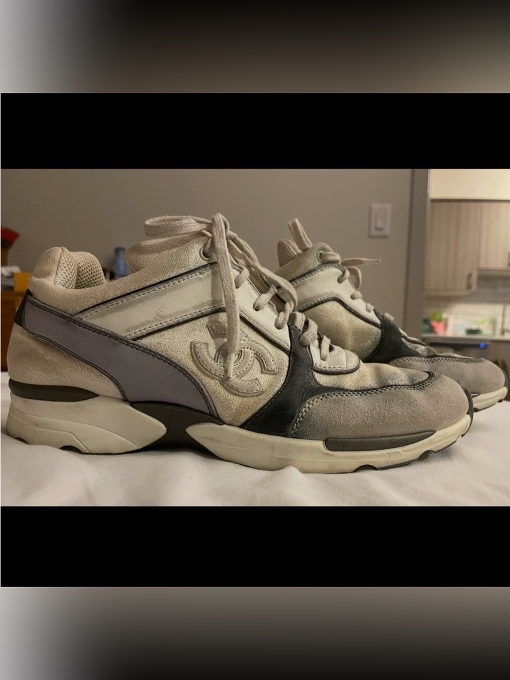 CHANEL Beige, Gray & Black Low-Top Suede-Trim Sneakers Size 9
